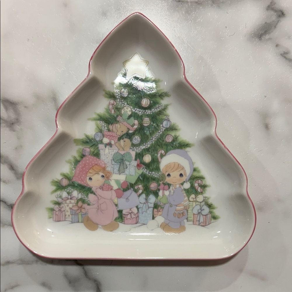 Precious Moments Christmas Tree Dish with Pink and Green Accents